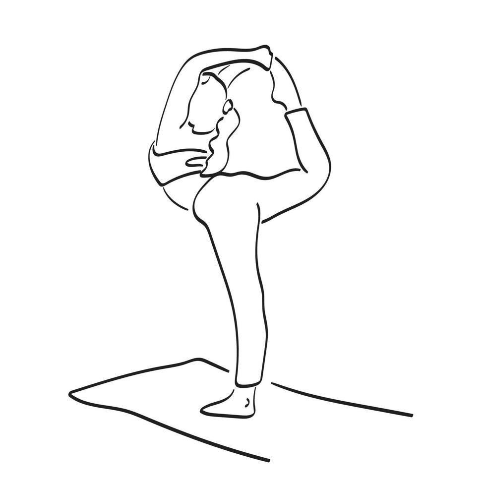 in voller länge von der frau, die yoga auf der mattenillustrationsvektorhand tut, die lokalisiert auf weißer hintergrundlinie kunst gezeichnet wird. vektor