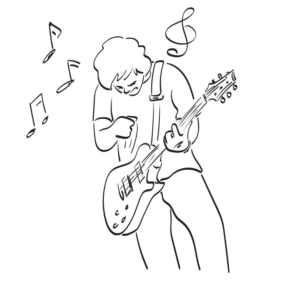 männlicher rocker mit e-gitarrenillustrationsvektorhand gezeichnet lokalisiert auf weißer hintergrundlinie kunst. vektor
