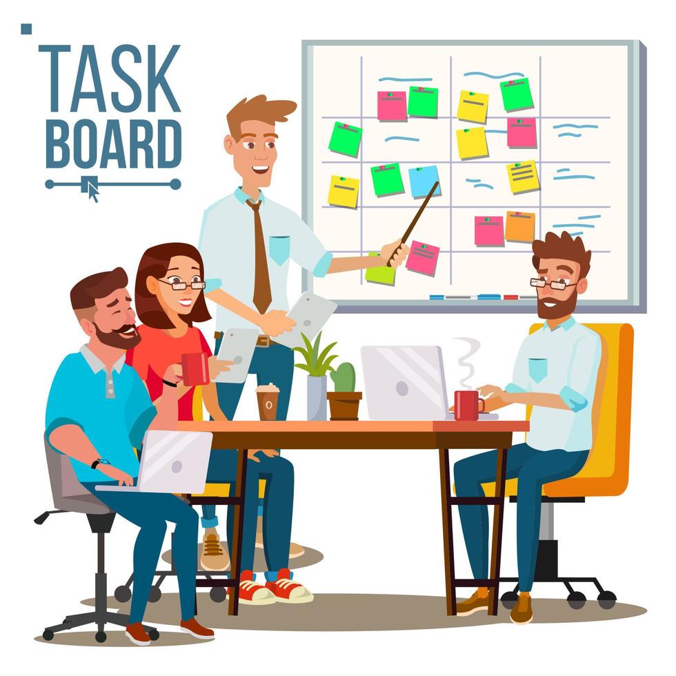 Geschäftszeichen Teamarbeitsvektor. planung teamarbeit am scrum board. es startet. isolierte flache karikaturillustration vektor