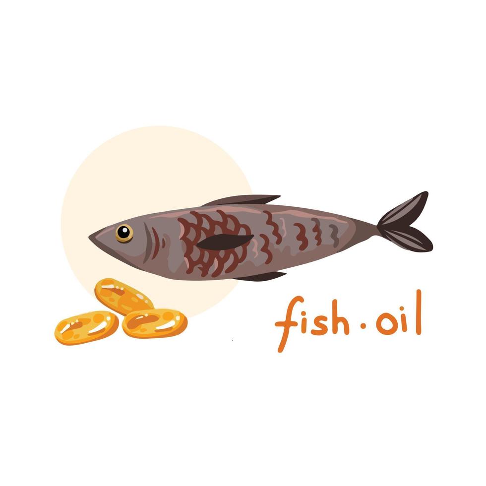 Fischzeichnung mit Fischöltablettenkapselvitaminvektorillustration lokalisiert auf weißem Hintergrund. tägliche gesundheitsgelbe ergänzungszeichnung mit einfachem flachem kunststil der karikatur. vektor