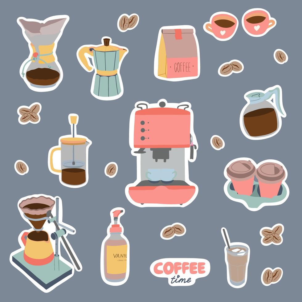 Satz Kaffeeaufkleber. Kaffeemaschine, Kanne, Presse, Bohnen, Tassen. Cappuccino, Espresso, Milchkaffee, Americano. Design perfekt für Café-Menüs, Restaurantplakate, Karten oder Banner vektor