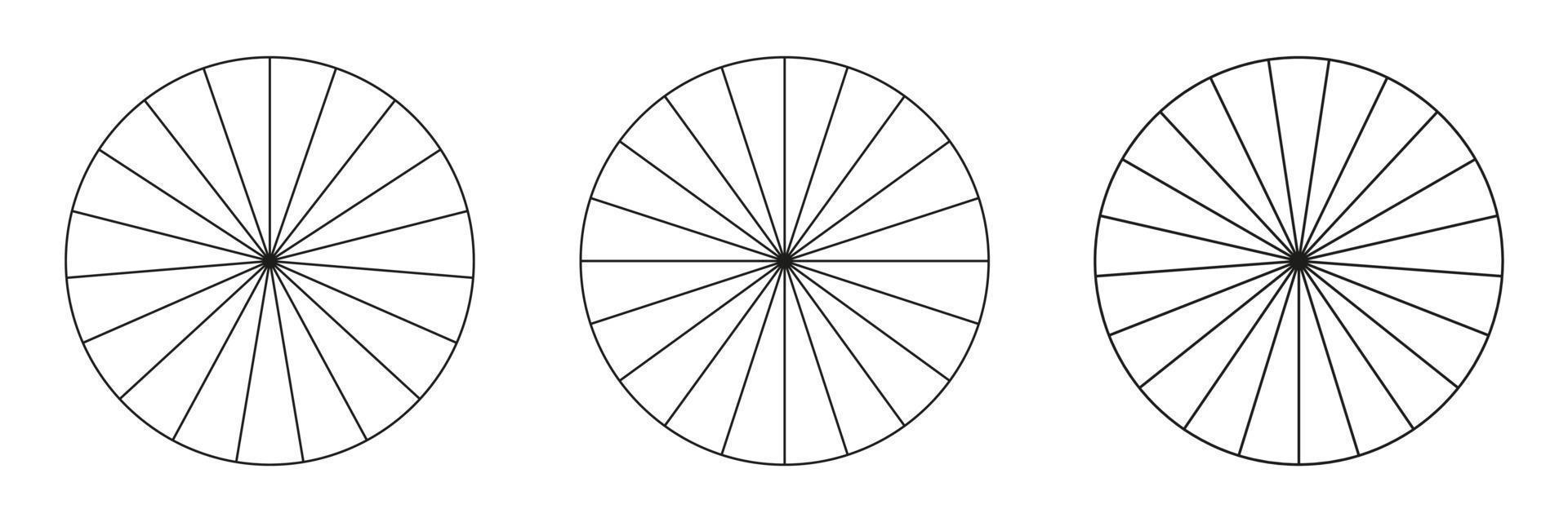 Kreise unterteilt in 19,20,21 Segmente. Runde Pizza- oder Kuchenformen, die in gleiche Scheiben geschnitten werden. Gliederungsstil festgelegt. einfache Diagrammsammlung. vektor