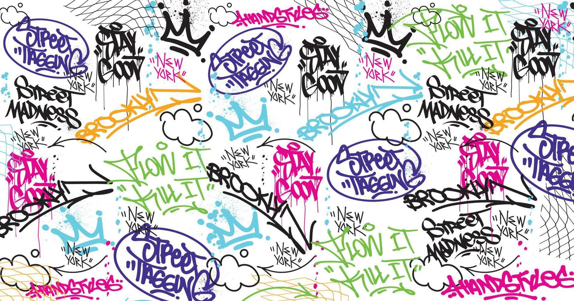 Graffiti-Kunsthintergrund mit Scribble Throw-up und Tagging im handgezeichneten Stil. Street Art Graffiti Urban Theme für Drucke, Muster, Banner und Textilien im Vektorformat vektor
