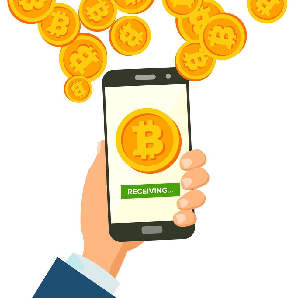 mobiler bitcoin-empfangskonzeptvektor. moderne Finanzwirtschaft. drahtloses Bitcoin-Finanzempfangskonzept. Hand hält Smartphone. digitale währung in der smartphone-anwendung. isolierte Abbildung vektor