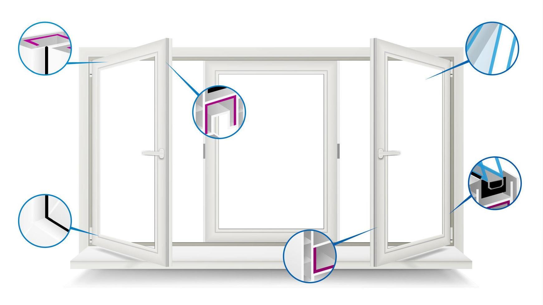 Plastikfenstervektor. Profil Energiesparfenster. geöffnetes weißes Fenster. isoliert auf weißer Abbildung vektor