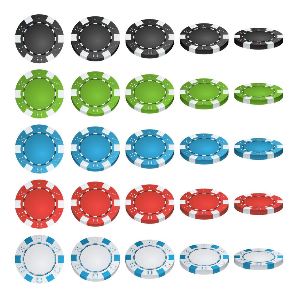 poker pommes frites vektor. 3d realistisk uppsättning. färgad poker spel pommes frites tecken isolerat på vit bakgrund. flip annorlunda vinklar. vit, röd, svart, blå, grön kasino pommes frites illustration. vektor
