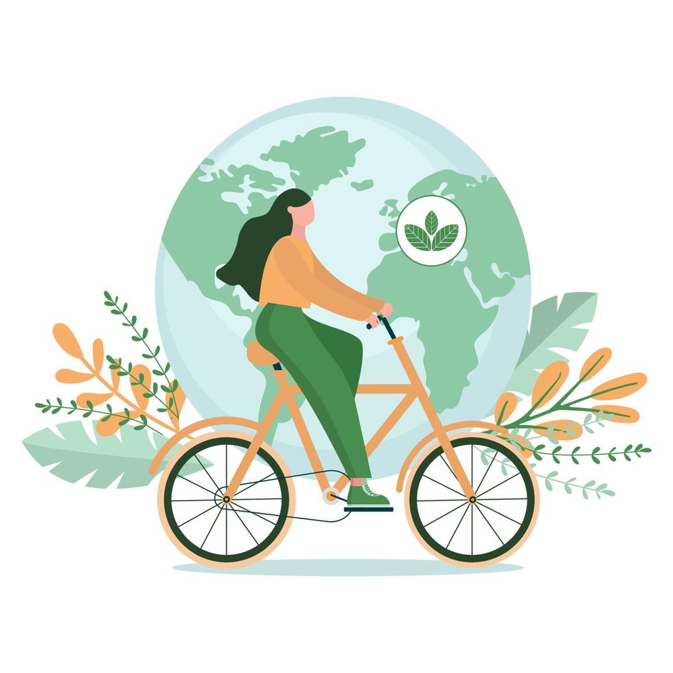 hållbarhet illustration. grön energi och eco vänlig transport. vektor illustration. flicka ridning en cykel.