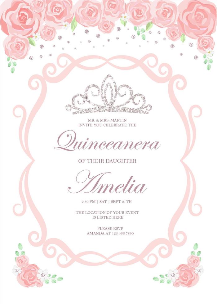 quinceanera geburtstagsfeier einladungskarte für lateinamerika mädchen in blumenmuster thema dekoration mit tiara, schöne blumen, blätter. Vektor-Illustration. vektor