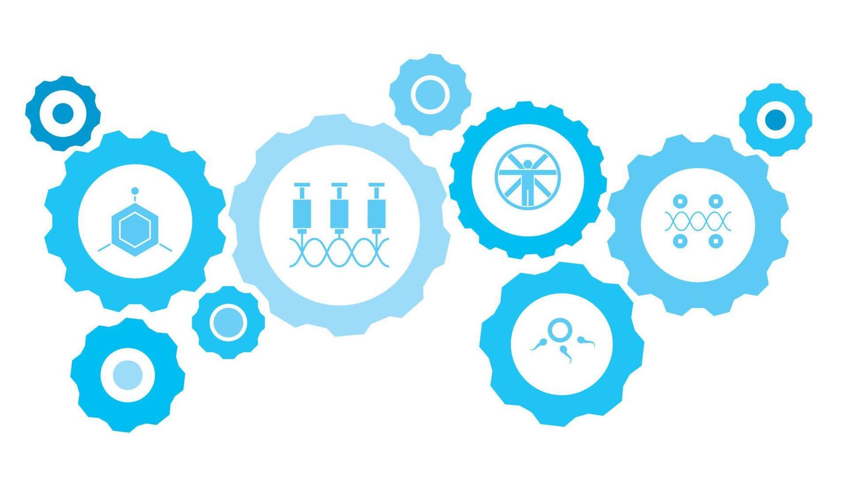 Gene, blaues Icon-Set für Genetikausrüstung. verbundene Zahnräder und Vektorsymbole für Logistik, Service, Versand, Vertrieb, Transport, Markt, Kommunikationskonzepte. auf weißem Hintergrund vektor