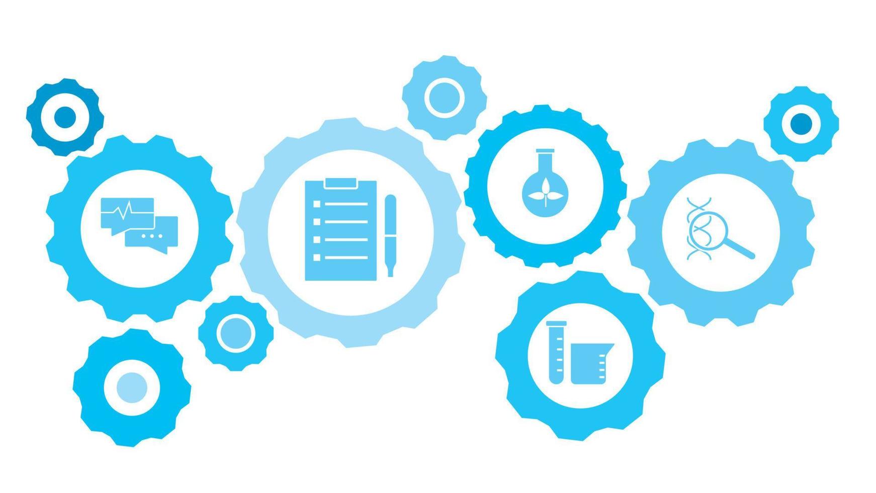dna, blauer ikonensatz für lupengetriebe. verbundene Zahnräder und Vektorsymbole für Logistik, Service, Versand, Vertrieb, Transport, Markt, Kommunikationskonzepte. auf weißem Hintergrund vektor