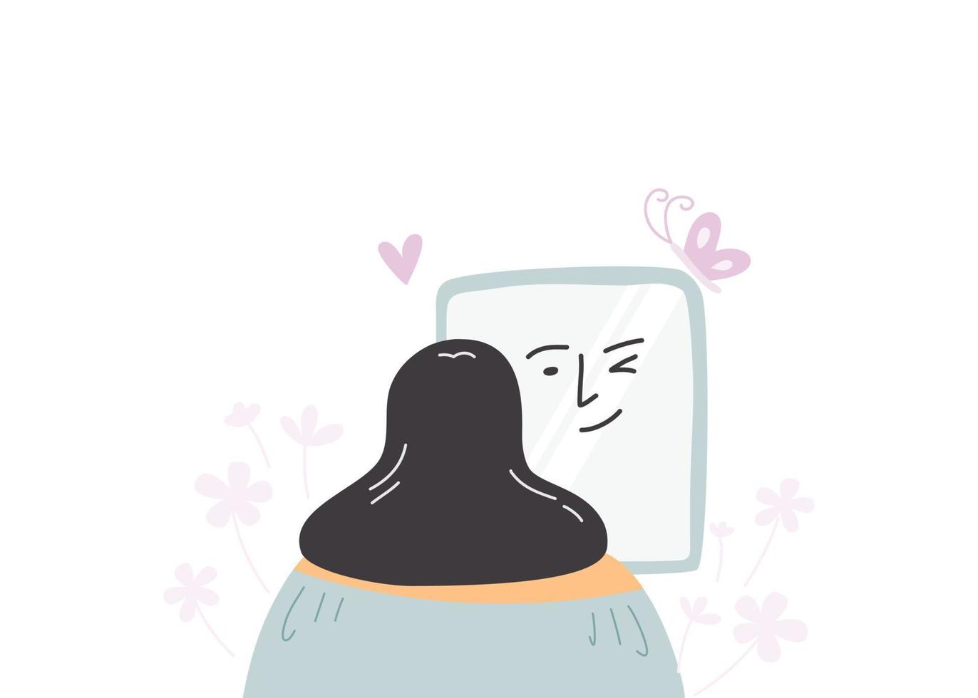 en kvinna håller på med positiv själv prata i främre av spegel, mental hälsa begrepp. platt vektor illustration.