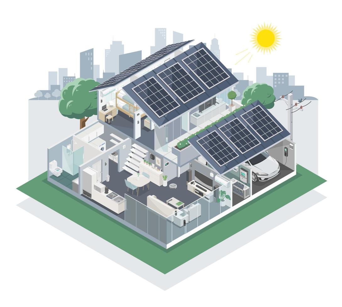 Solarzellenhaus-Hybridkomponentensystem für Smart-Home-Solarpanel-Wechselrichter und Batteriediagramm isometrisch vektor