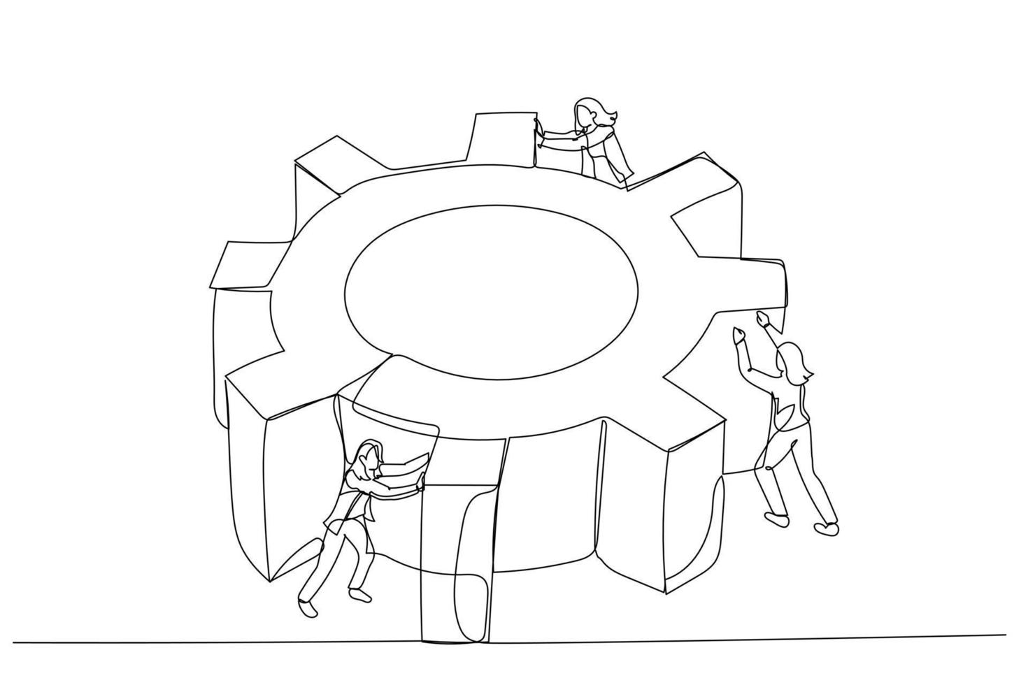 teckning av affärskvinna spinning kugghjul redskap tillsammans med team begrepp av hård arbete team. enda linje konst stil vektor