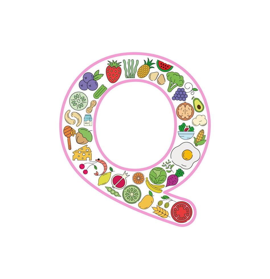 Collage-Icon-Set für Speisen und Getränke aus Buchstabe q. Vektorsatz essentieller Allergene und Symbole für Diätlinien. editierbares essen-symbol-set. vektor