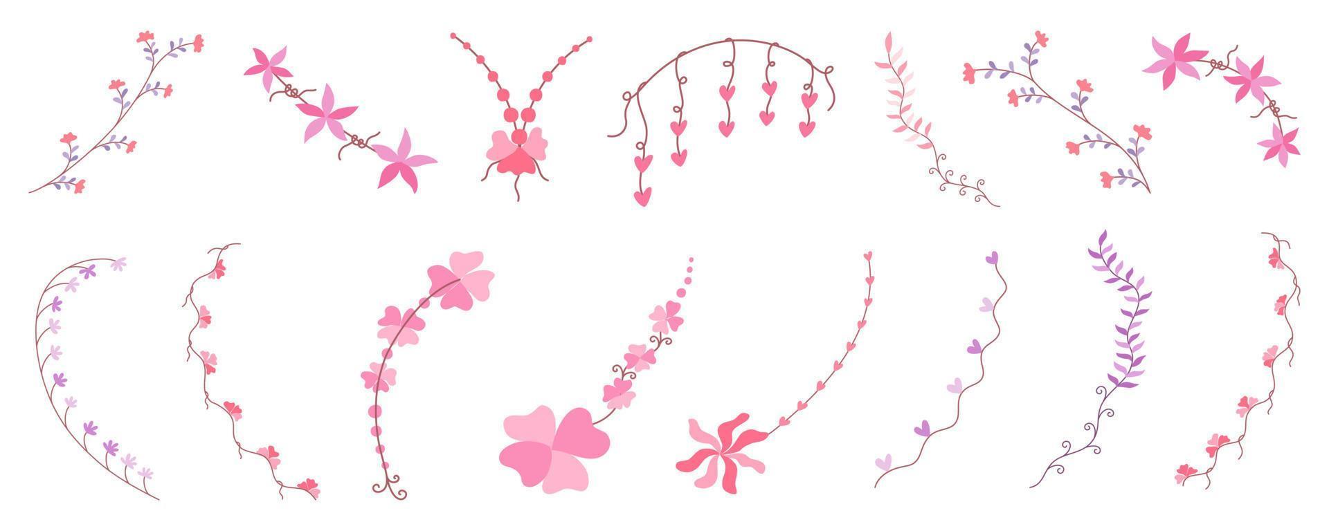 Set von Blumenelementen im Doodle-Stil auf weißem Hintergrund für Kartendekoration, Hochzeit, Sammelalbum, Papierdekoration, Digitaldruck und mehr. vektor