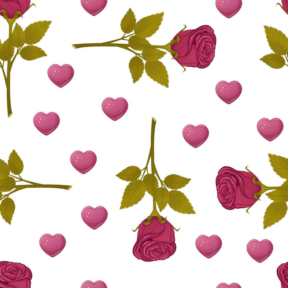 sömlös mönster från röd ro och hjärtan på vit bakgrund. romantisk blommig söt mönster. vektor illustration.