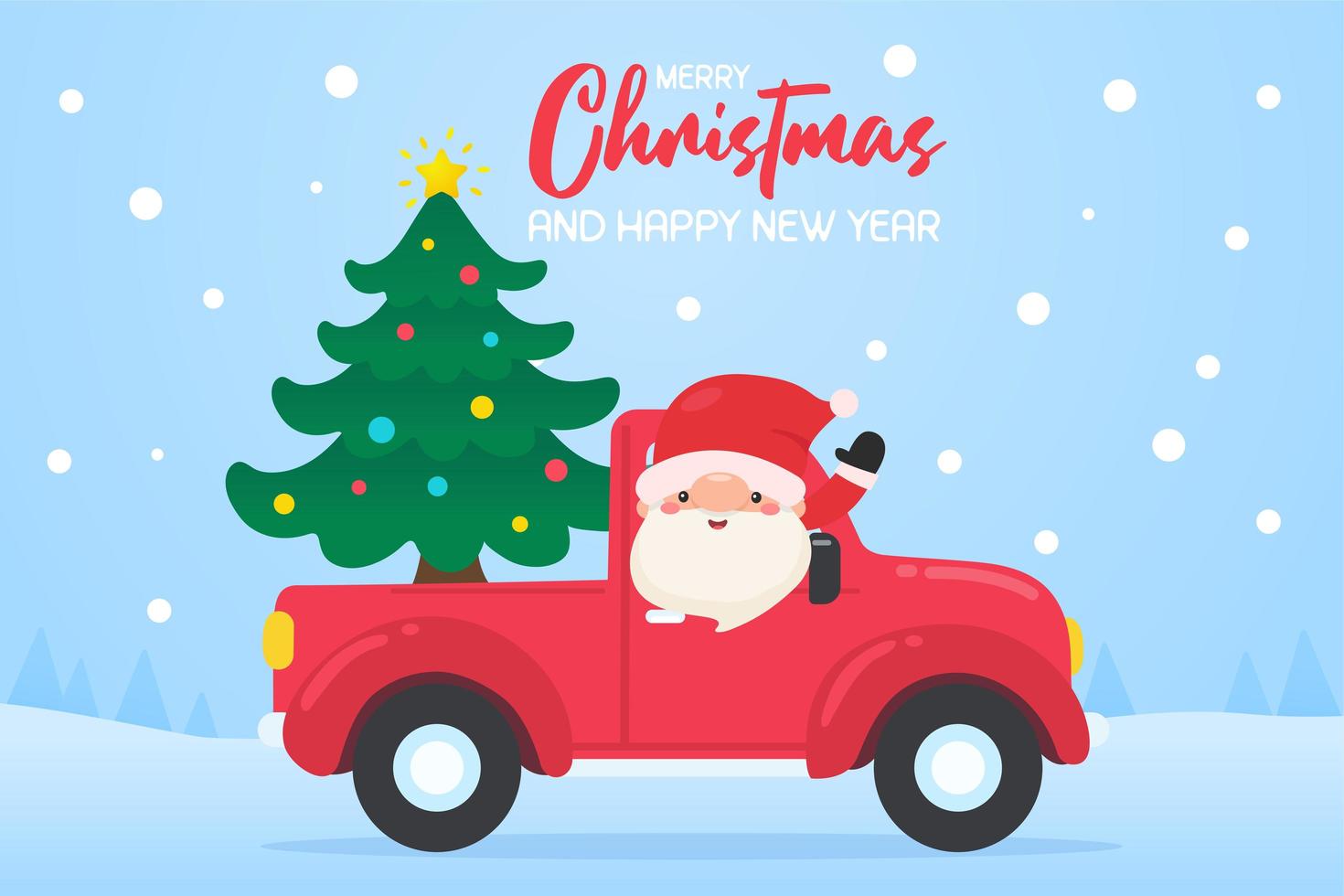 tecknad santa kör röd bil för att leverera julgran vektor