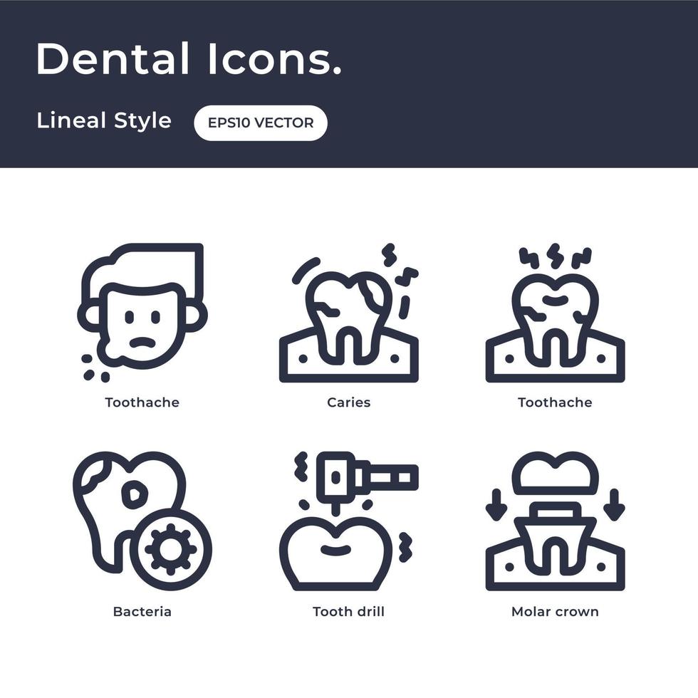 dental ikoner översikt stil med tandvärk, karies, bakterie, tand borra, molar- krona vektor