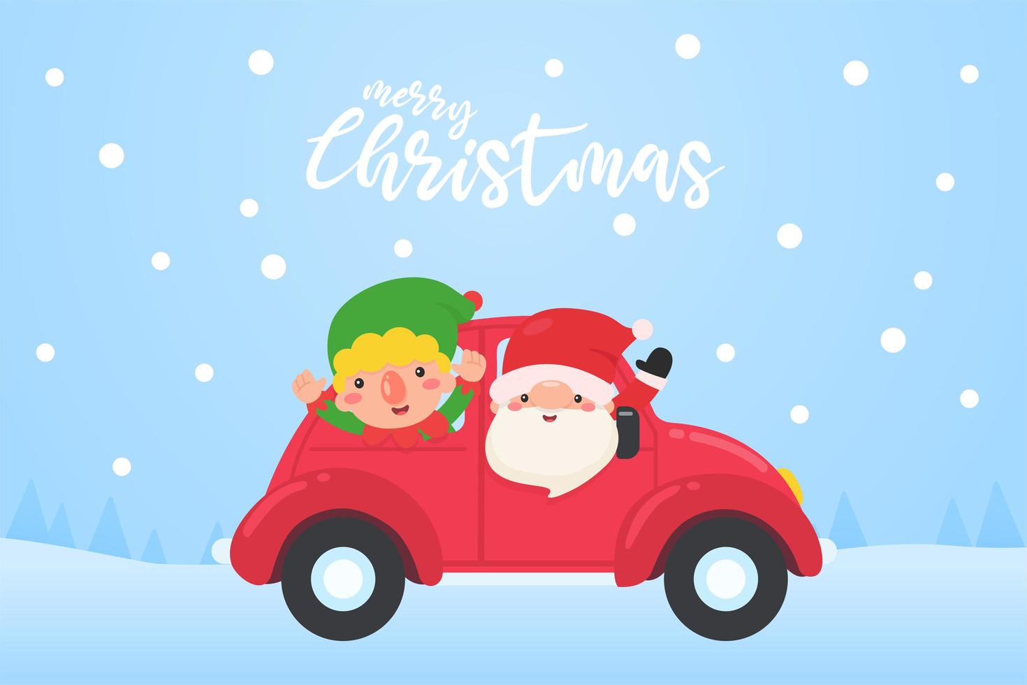 Santa och Elf kör röd bil för att leverera presenter vektor