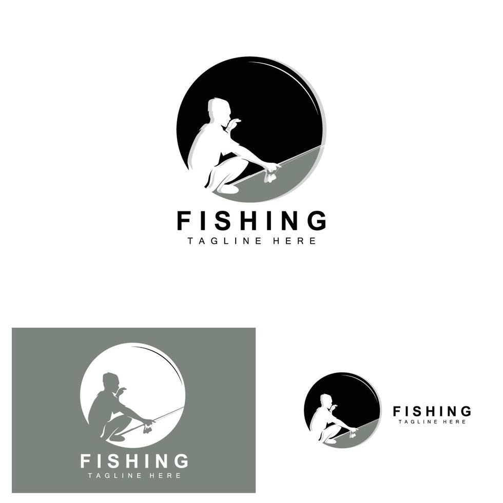 Angeln Logo Icon Vektor, Fische auf dem Boot fangen, Sonnenuntergang Silhouette Design im Freien vektor