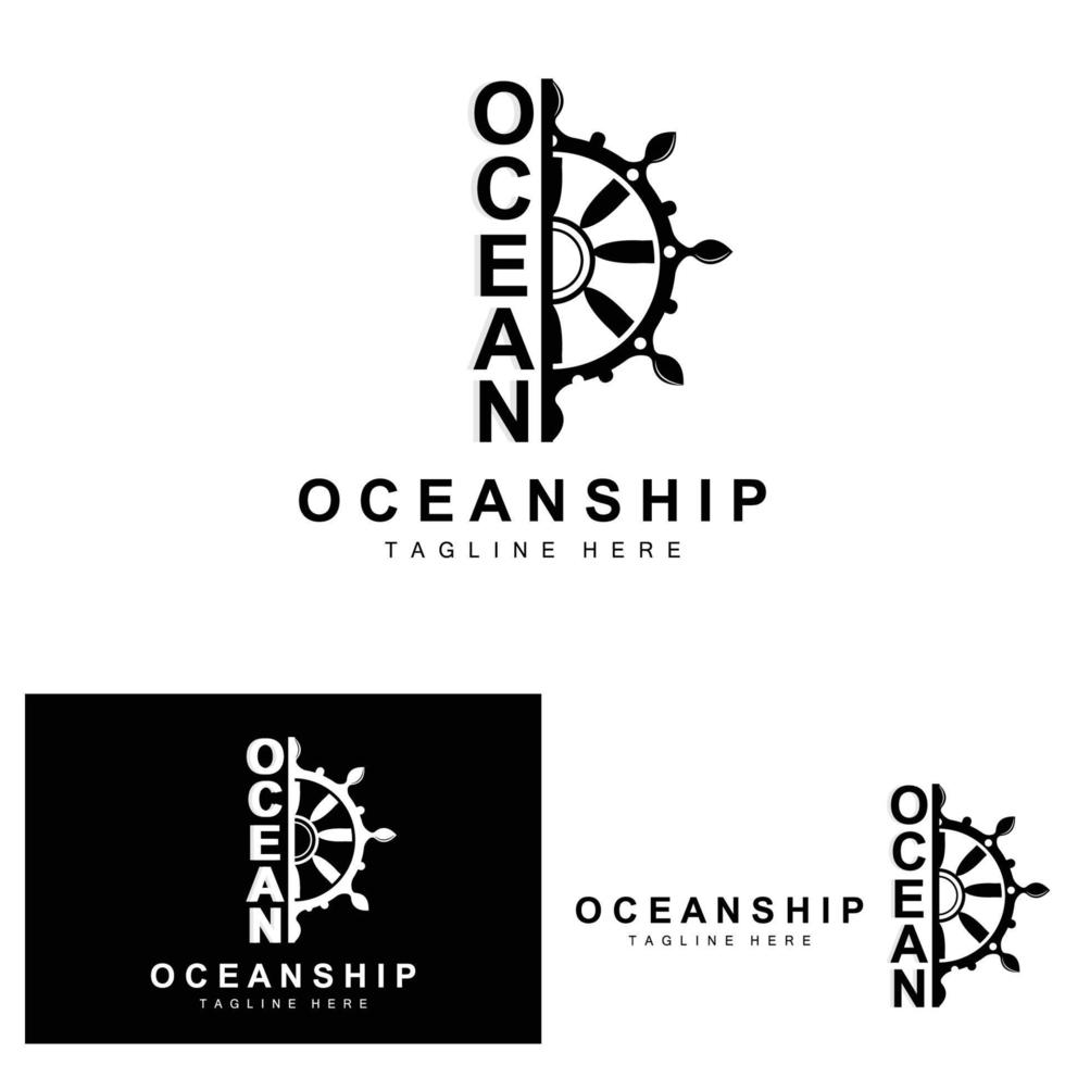 Schiffssteuerungslogo, Ozeansymbole Schiffssteuerungsvektor mit Meereswellen, Segelbootanker und Seil, Segeldesign der Firmenmarke vektor