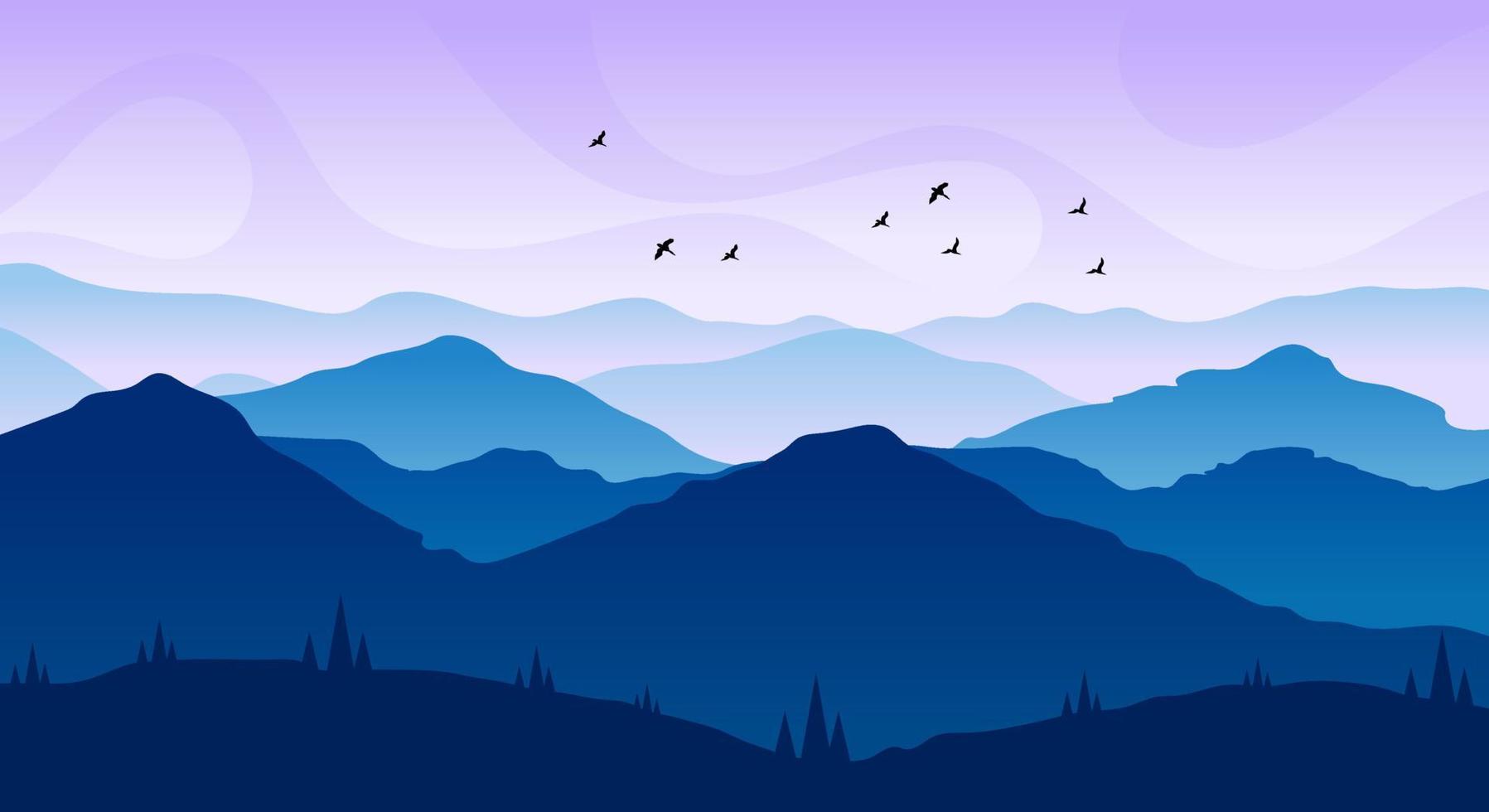 Naturlandschaft mit Silhouetten von Hügeln, Bergen und Vögeln, mit Vektoren und Illustrationen für kaltes Wetter