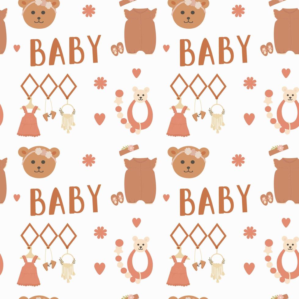 süßes nahtloses muster mit teddybär, babykleidung, rassel und der aufschrift baby. Vektordruck im Boho-Stil für ein Kind vektor