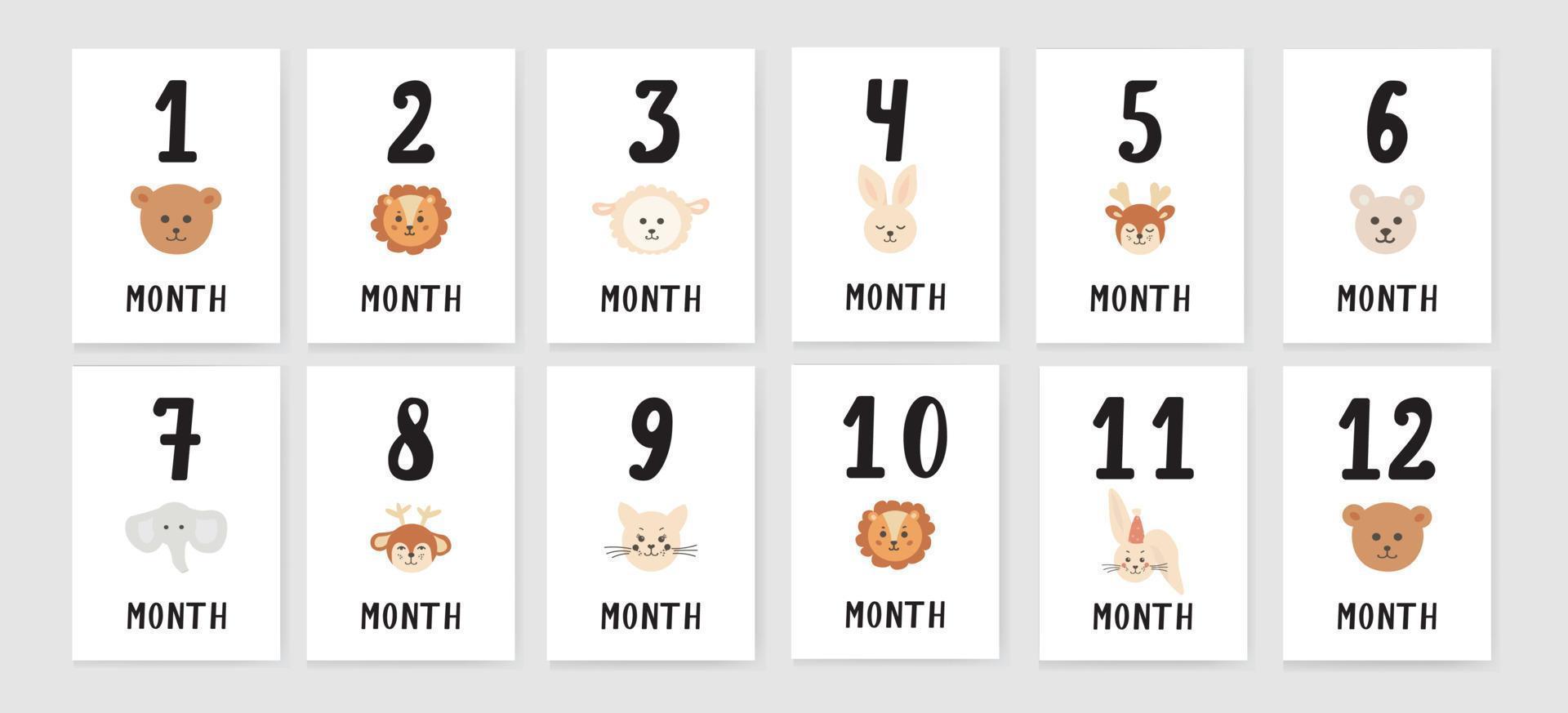 Baby-Meilensteinkarten mit Zahlen in Pastellfarben. Baby ist die ersten 12 Monate. Baby ist erste Jahr-Baby-Duschengeschenke für Jungen oder Mädchen. Halten Sie alle besonderen Momente der Kleinen im ersten Jahr fest vektor
