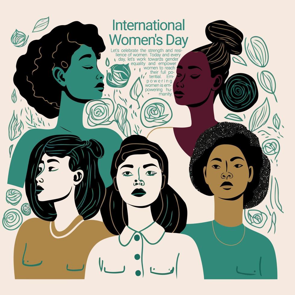 Gruppe erwachsener Frauen, die den internationalen Frauentag mit fiktiven Figuren illustrieren vektor
