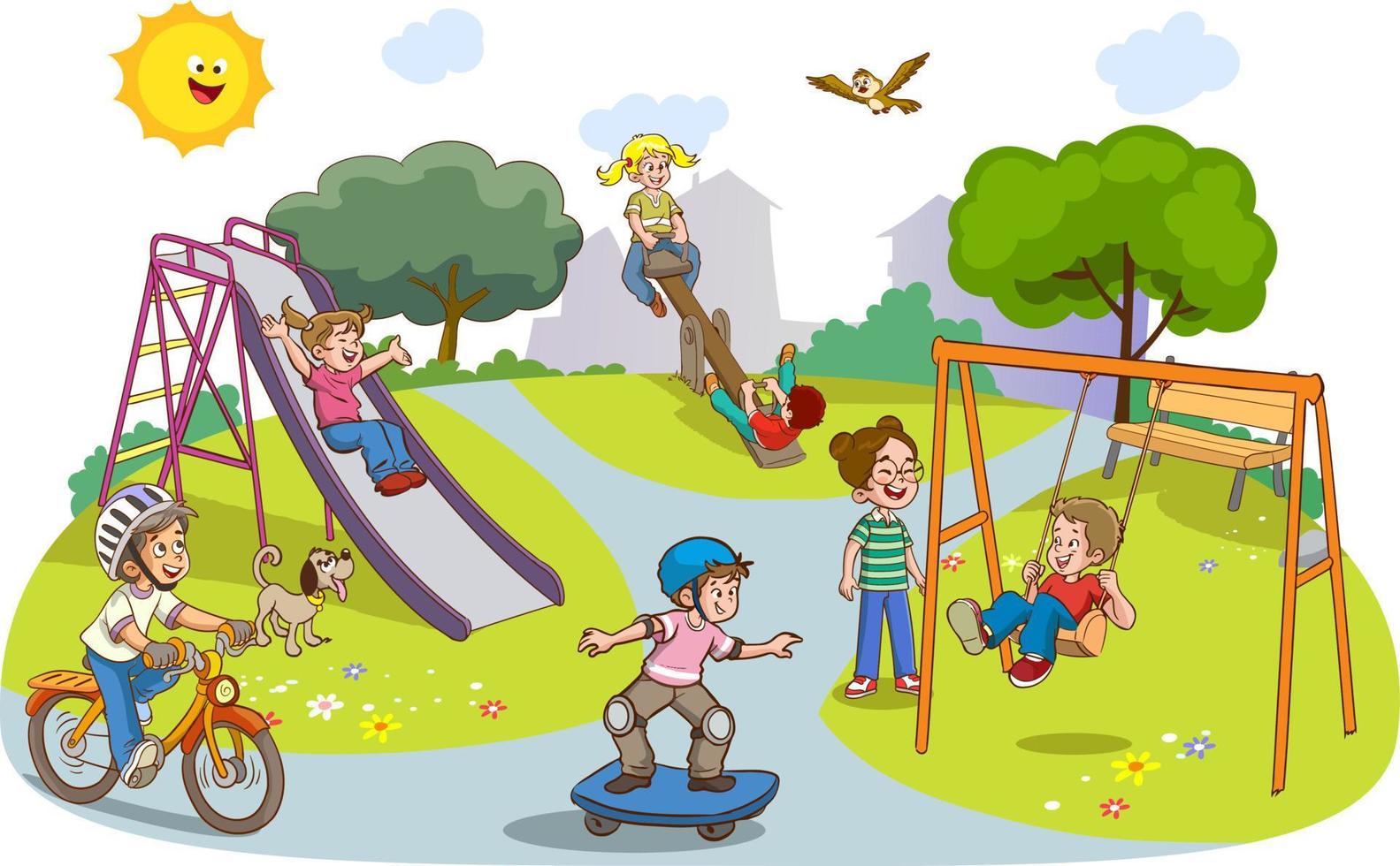 vektorillustration von glücklichen kindern, die auf dem spielplatz spielen vektor