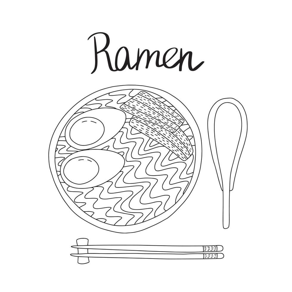 Vektor asiatisches traditionelles Gericht Ramen Draufsicht. hand gezeichnete ramengerichtstabellenansichtsskizze