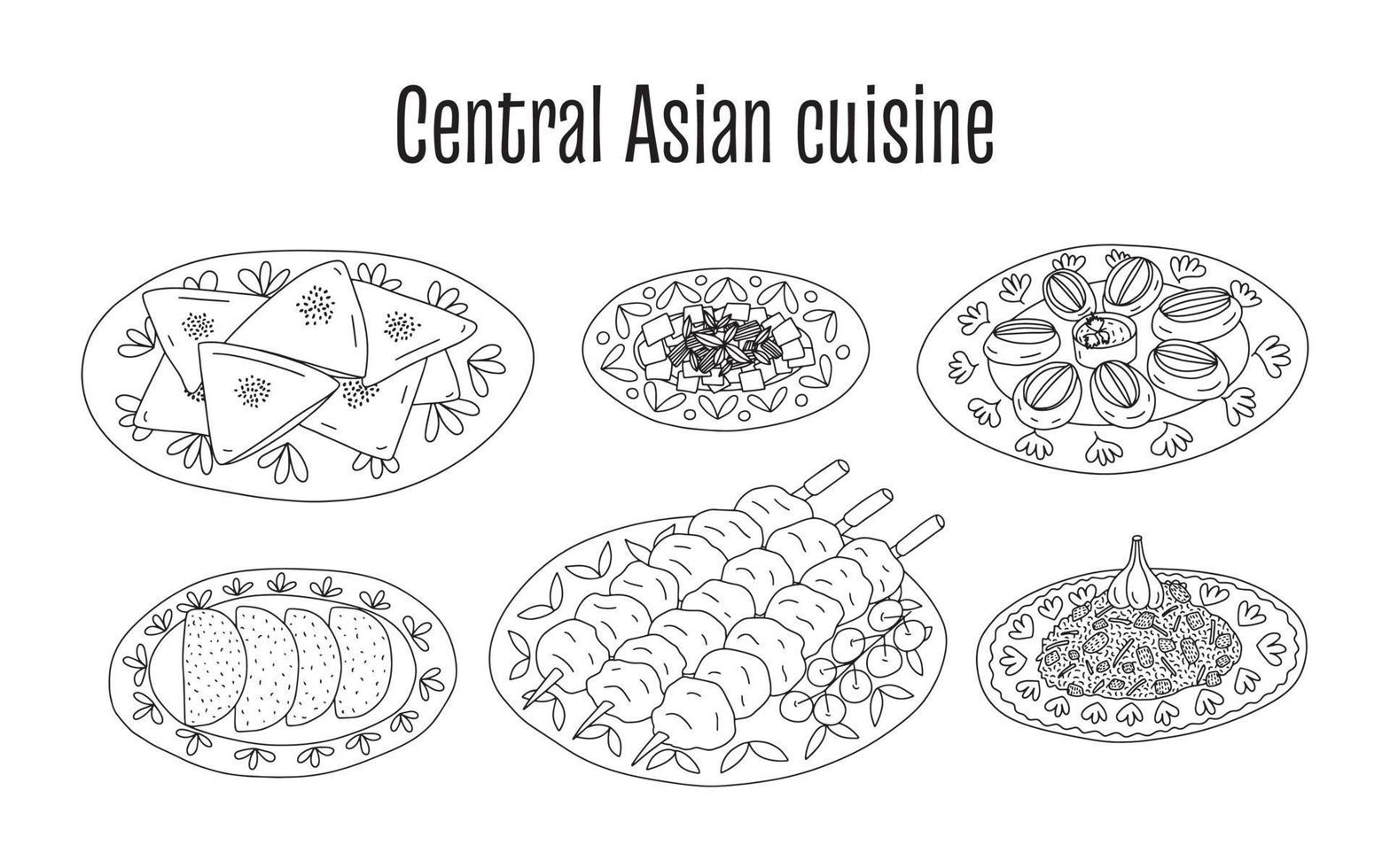 vektor central asiatisk mat kök maträtter uppsättning. hand dragen plattor med central asiatisk mat samsa, besh barmak, shashlik, manti, qutab och pilaff uppsättning