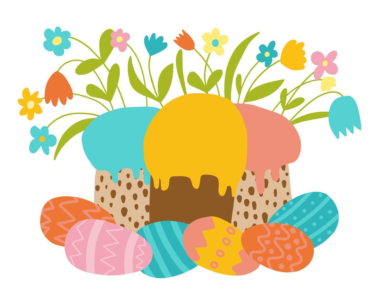 Ostergrußkarte. Frohe Ostern-Vektor-Illustration. Kuchen mit Blumen und bunten Eiern. vektor