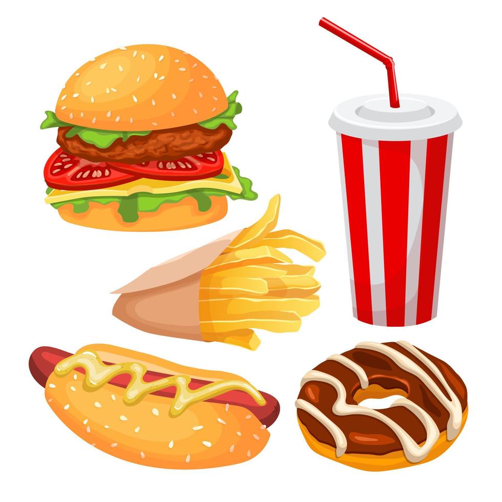 skräp snabb mat ohälsosam uppsättning tecknad serie vektor illustration