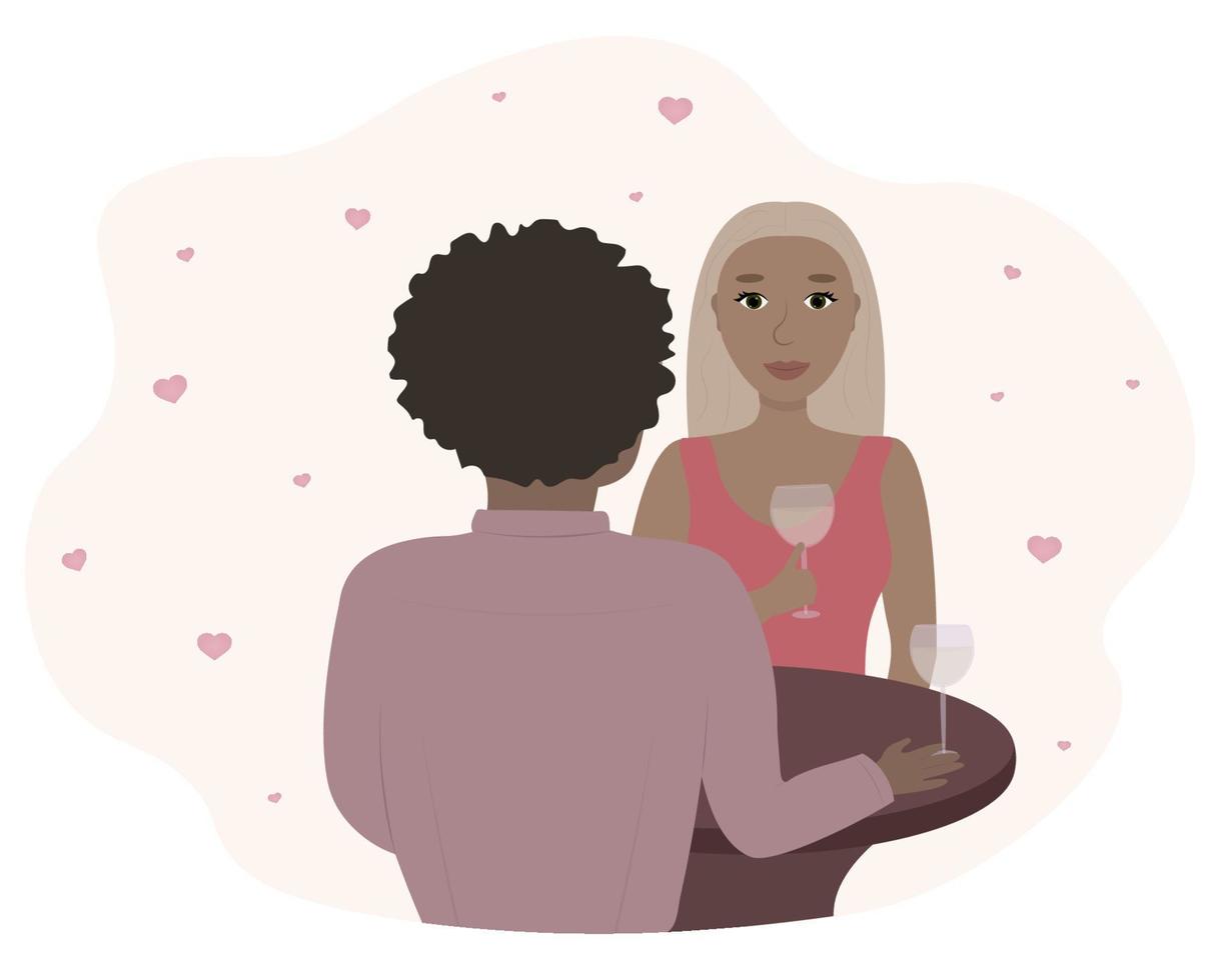 romantisches afroamerikanisches paar bei einem date mit wein vektor