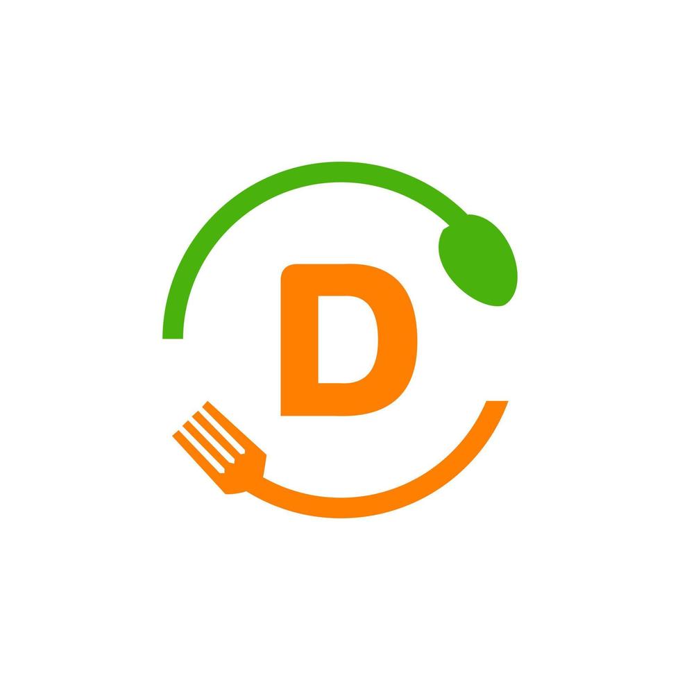 restaurang logotyp design på brev d med gaffel och sked ikon vektor