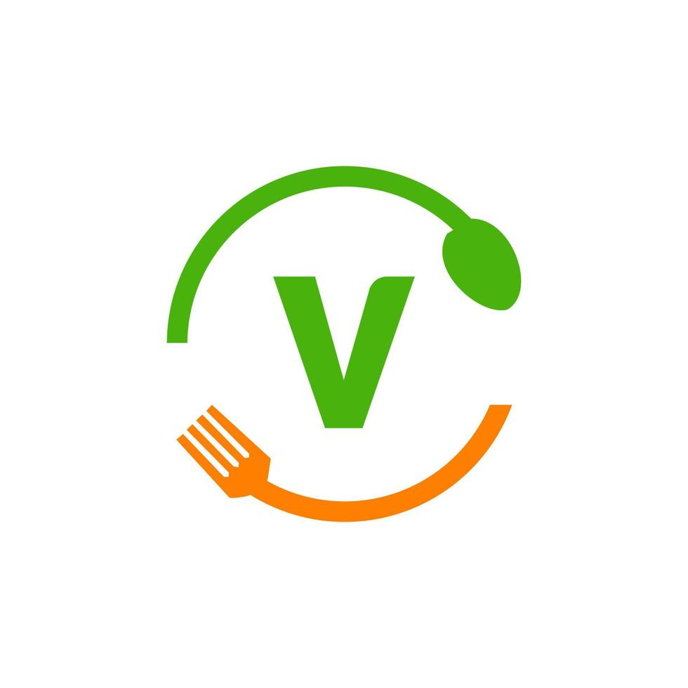 restaurang logotyp design på brev v med gaffel och sked ikon vektor