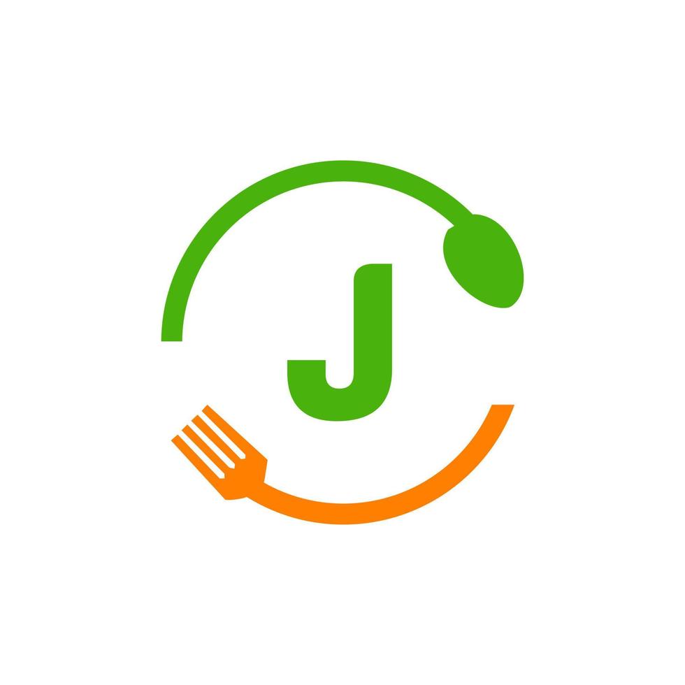 restaurang logotyp design på brev j med gaffel och sked ikon vektor