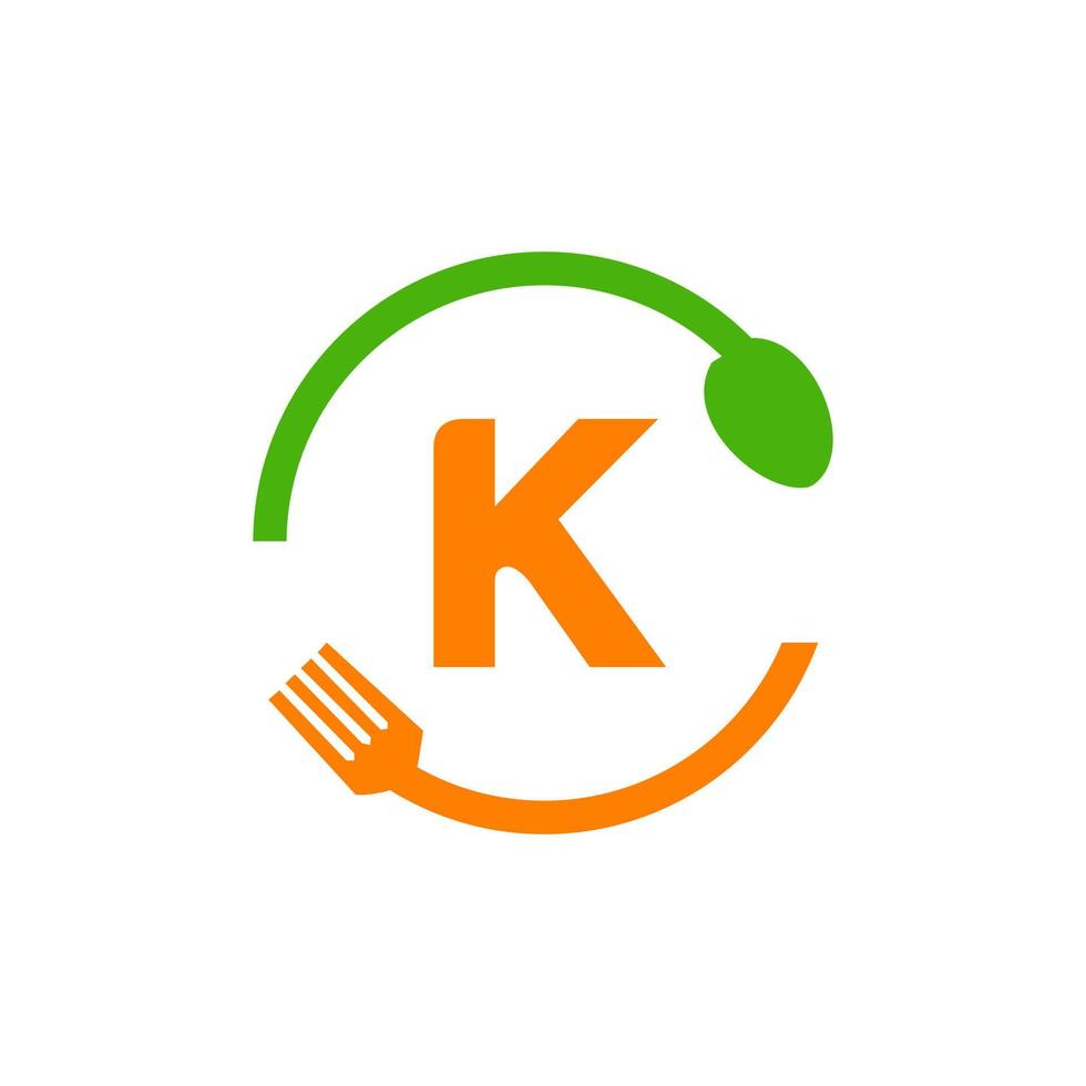 Restaurant-Logo-Design auf Buchstabe k mit Gabel- und Löffel-Symbol vektor