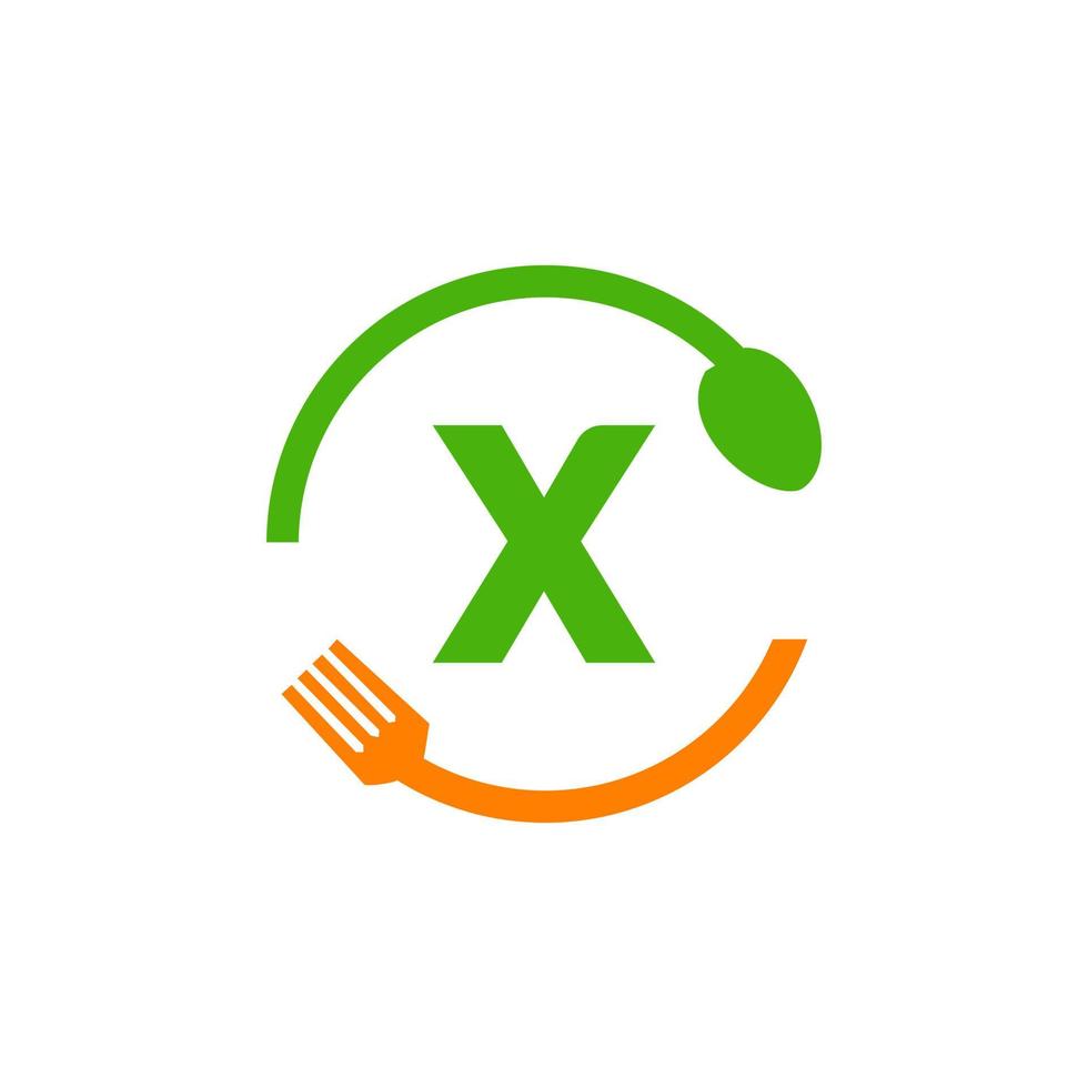 Restaurant-Logo-Design auf Buchstabe x mit Gabel- und Löffel-Symbol vektor