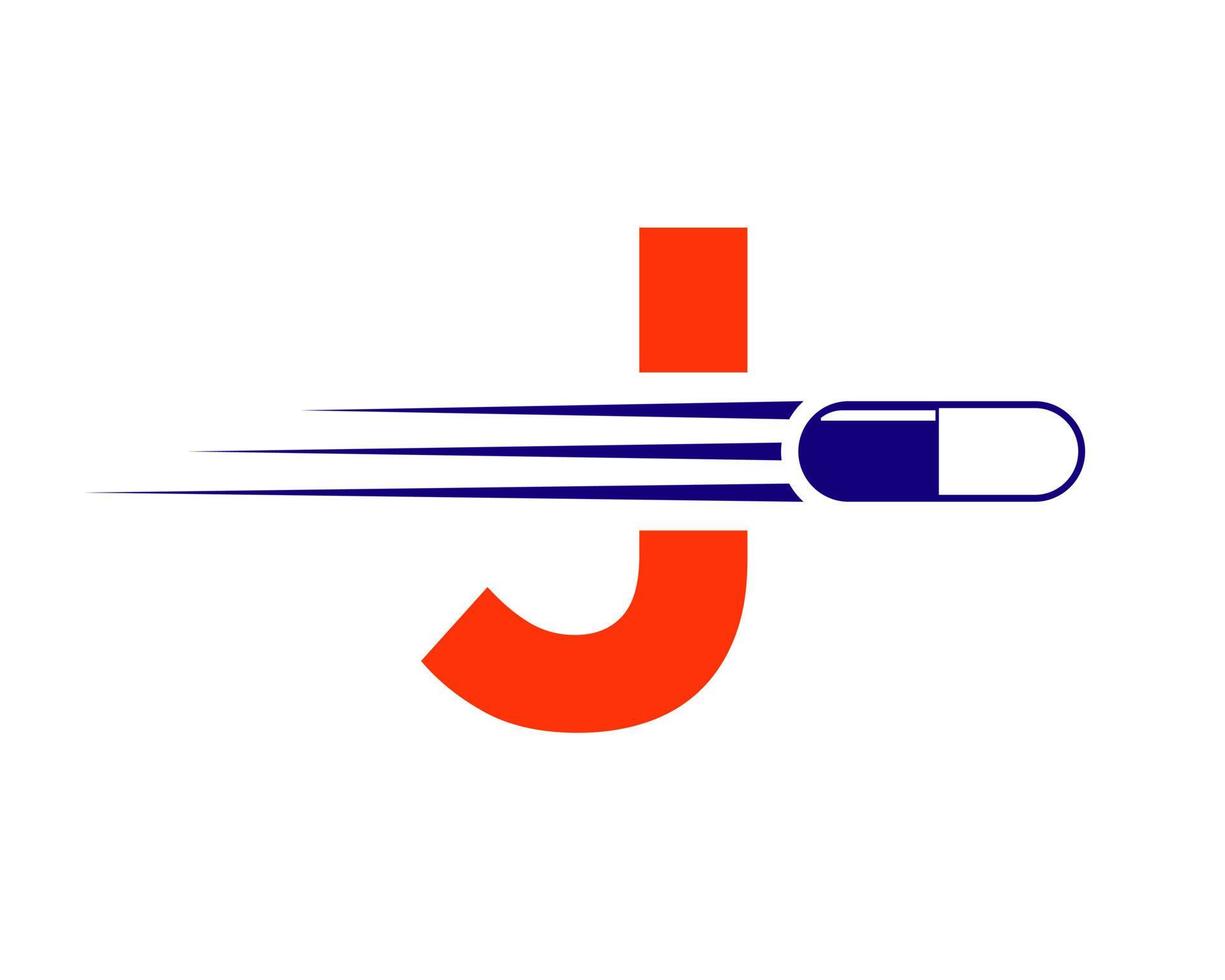 brev j medicin logotyp med medicin piller eller kapsel symbol vektor