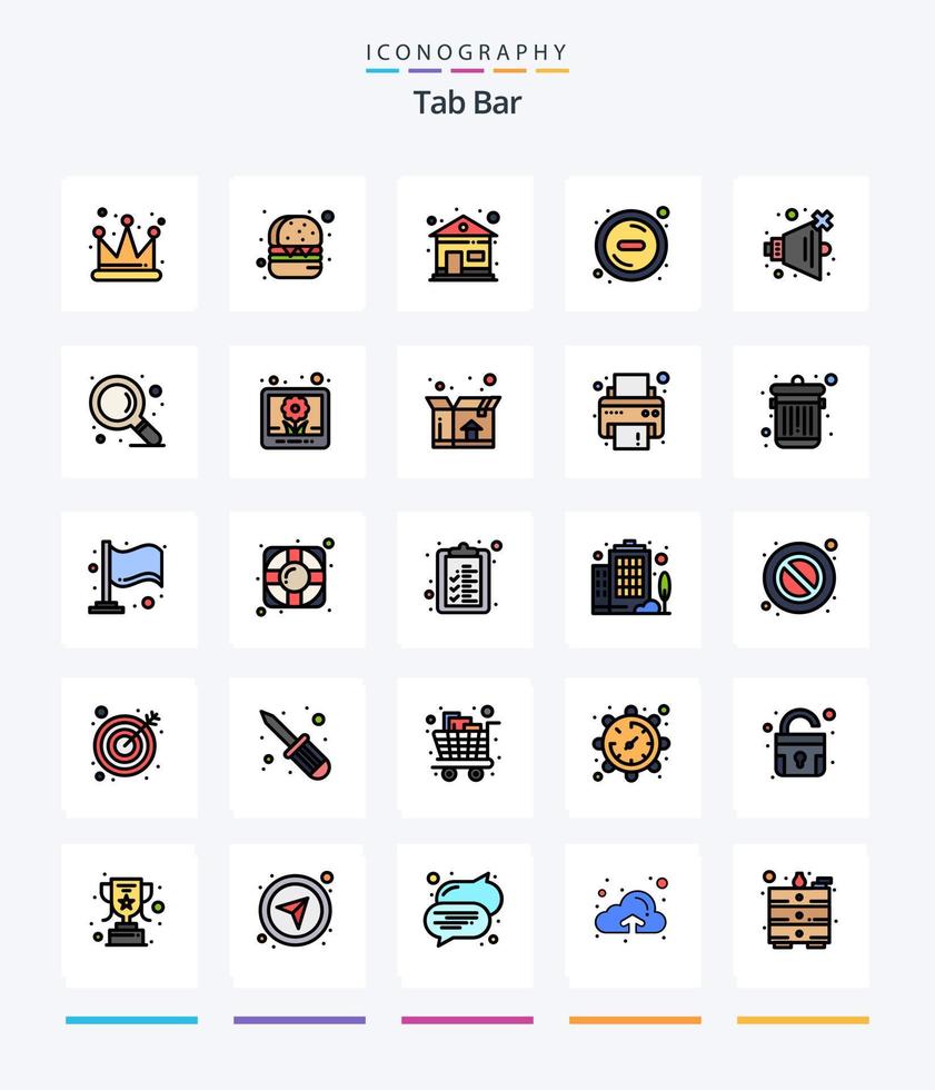 Creative-Tab-Leiste mit 25 Zeilen gefülltem Icon-Pack wie Zoom. finden. Haus. Volumen. nein vektor