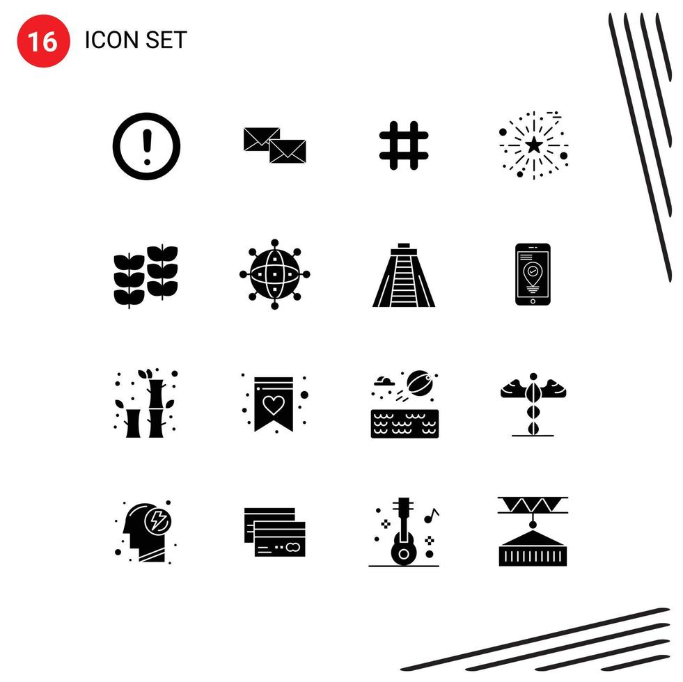 Packung mit 16 modernen Solid-Glyphen-Zeichen und Symbolen für Web-Printmedien wie Salute, Feiern, Business, Twitter, Hashtag, editierbare Vektordesign-Elemente vektor