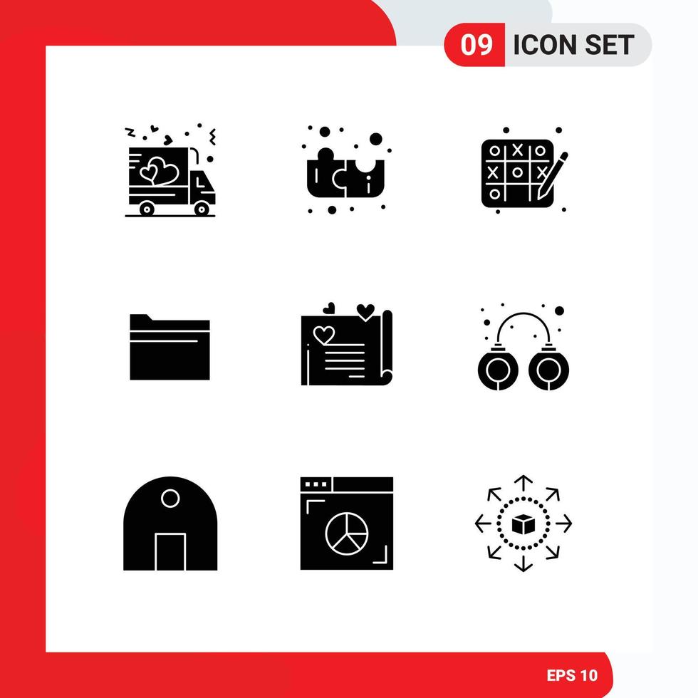 Stock Vektor Icon Pack mit 9 Zeilenzeichen und Symbolen für Liebe Hochzeitskarte Hobbys Liebesbrief Daten editierbare Vektordesign-Elemente