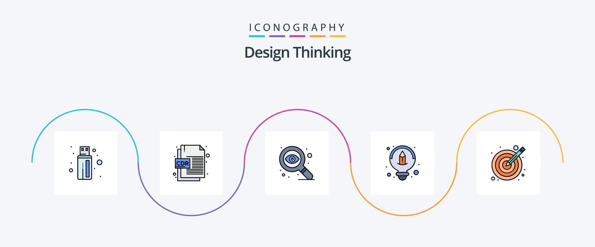 Design-Thinking-Line-Filled-Flat-5-Icon-Pack inklusive. Ziel. Auge. Illustration. Idee vektor