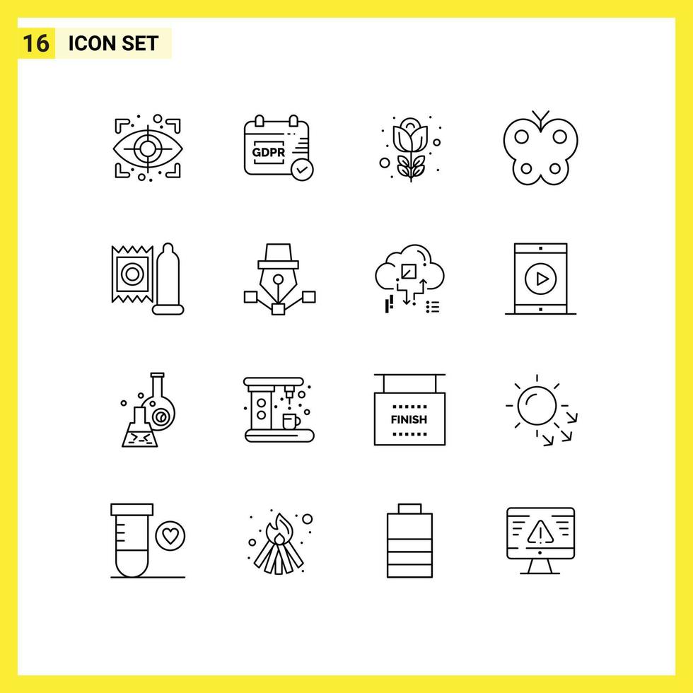 Umrisspackung mit 16 universellen Symbolen für Medizin, Arzt, Natur, Kondom, Ostern, editierbare Vektordesign-Elemente vektor