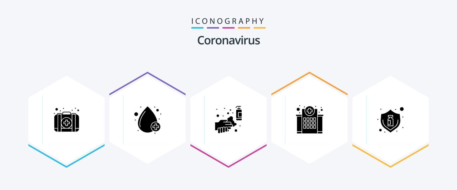 Coronavirus 25 Glyphen-Icon-Pack einschließlich Medizin. Gesundheitswesen. Alkohol. Gebäude. waschen vektor