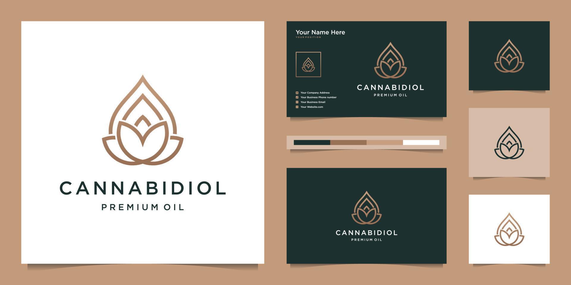 luxusblatt und tropfen mit linienkunststil. Premium-CBD-Öl, Marihuana, Cannabis-Logo-Design und Visitenkarte. vektor