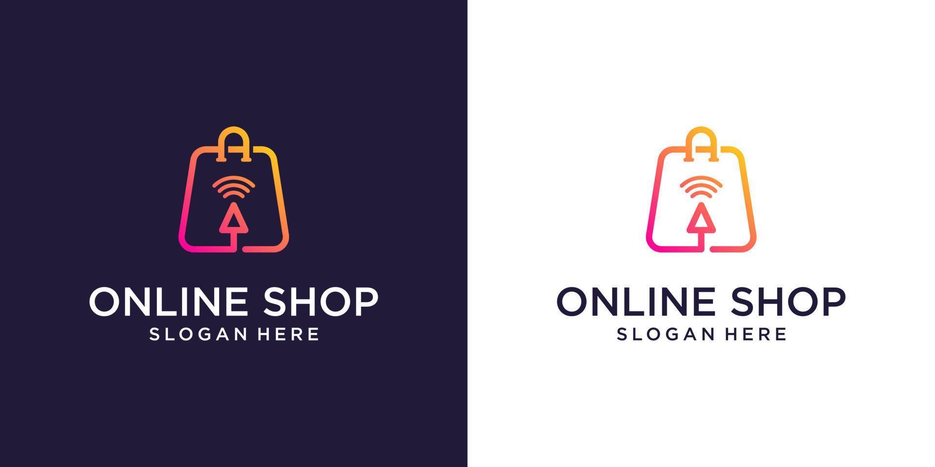 Online-Shop-Logo-Designs-Vorlage, Taschenshop und Touch-Symbol-Logo-Symbol vektor