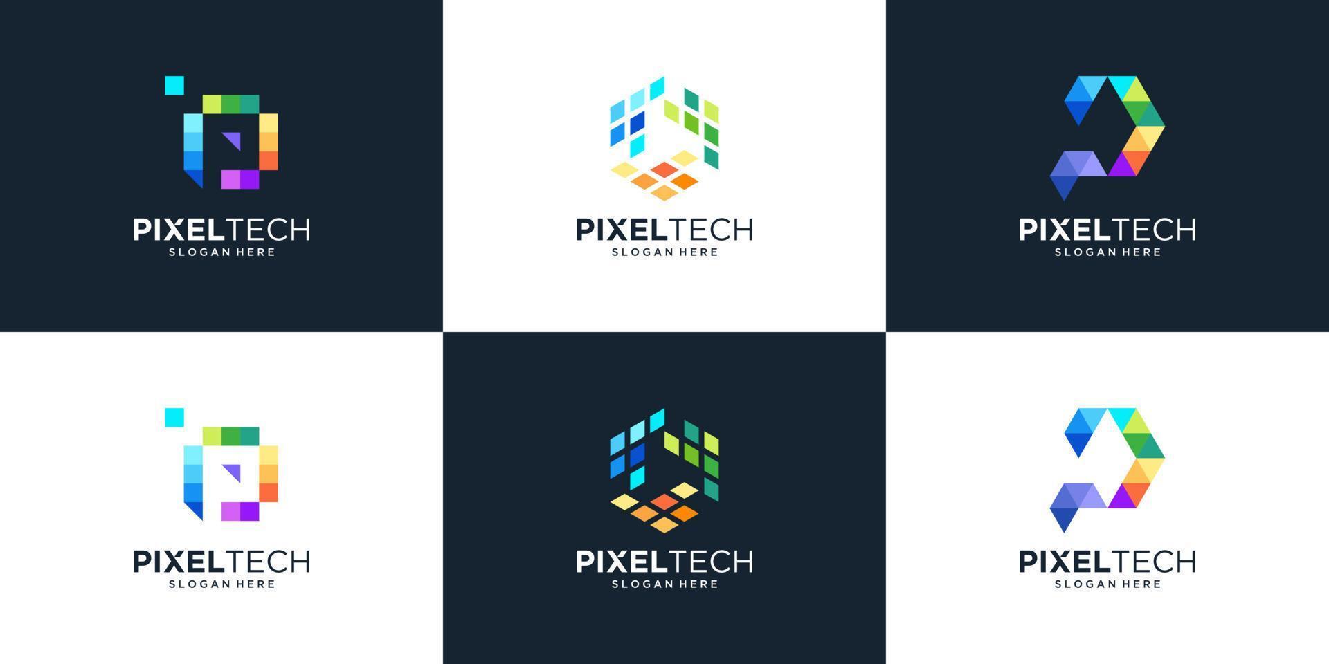 uppsättning av abstrakt brev p med pixel tech begrepp logotyp design vektor